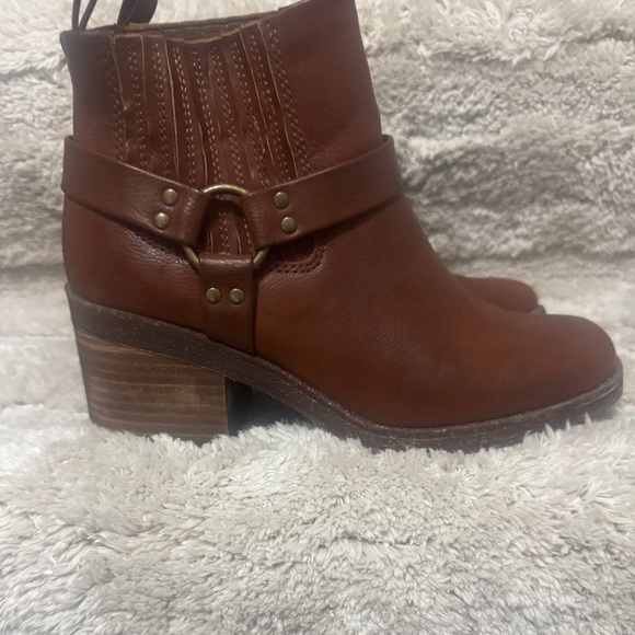 Brown B.O.C Lowri slip on chunky square toe campus moto Chelsea booties buckle - Picture 3 of 11